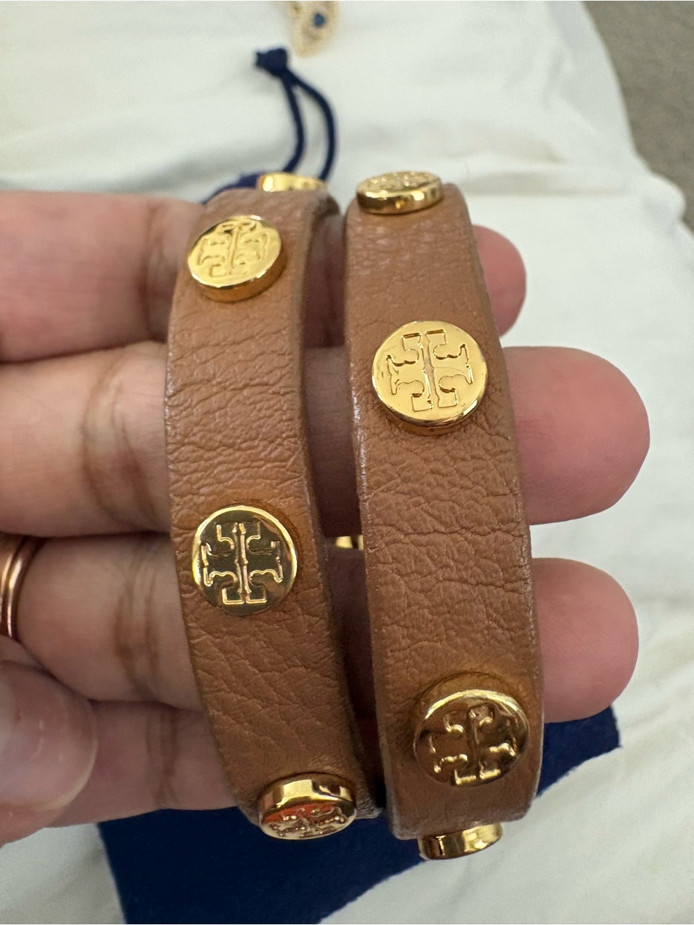 Tory Burch Brown Leather Double Wrap Bracelet with Gold Logo Studs
